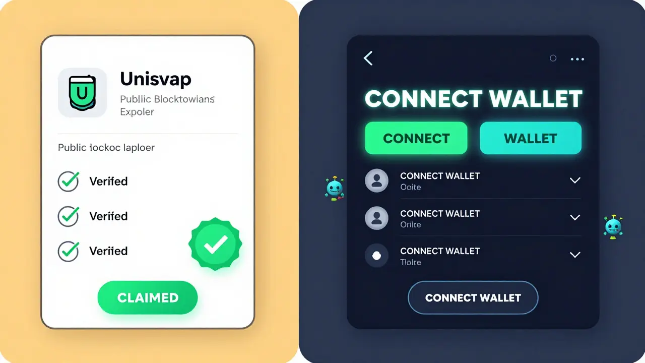 Side-by-side comparison of a legitimate airdrop interface with verified data and a fake one with deceptive buttons and hidden malware.