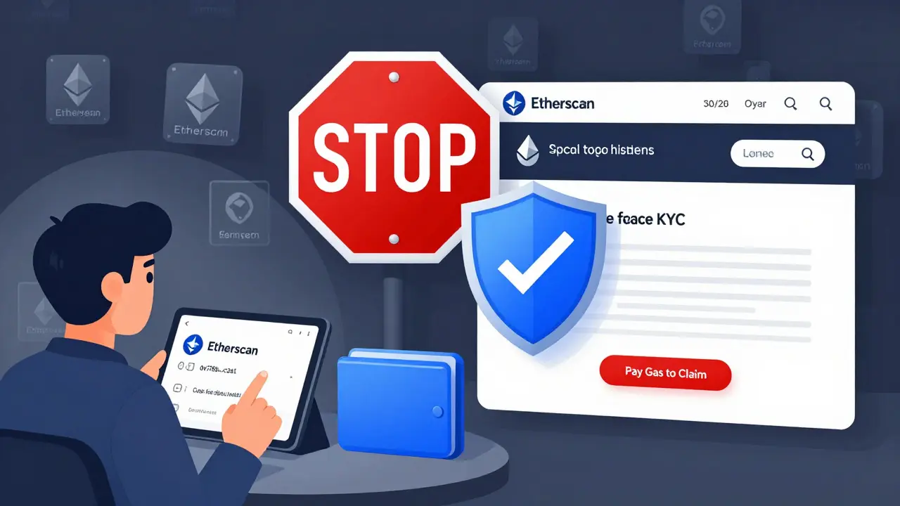 Split scene: one side shows a user verifying staking on Etherscan, the other a chaotic phishing site, with a shield protecting the real wallet and warning signs against scams.