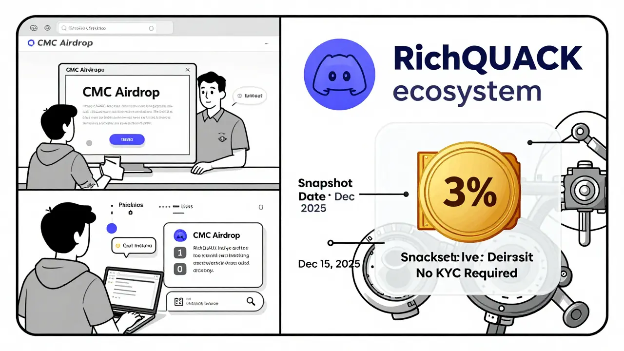 Split-screen illustration comparing fake CMC airdrop scams to the real RichQUACK airdrop with wallet verification and 3% distribution.