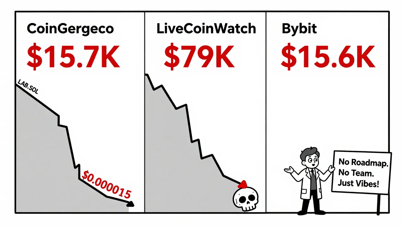 Three conflicting price tags for LAB coin on a fragmented trading screen, with a plummeting graph and a shrugging figure beside it.