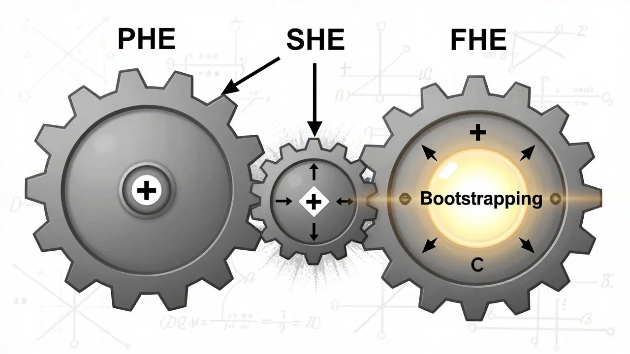 Three progressive homomorphic encryption types — PHE, SHE, FHE — shown as growing gears with mathematical operations and noise effects.