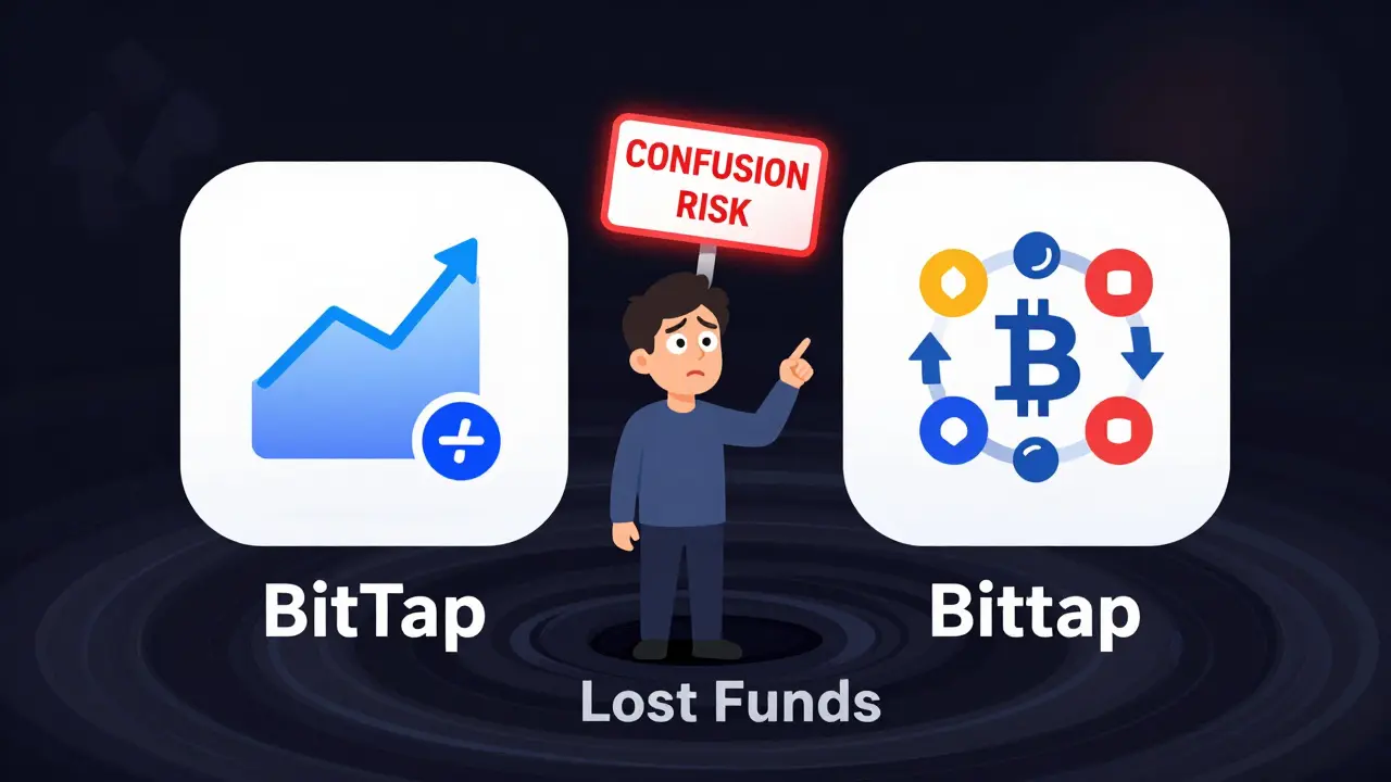 Two similar app icons labeled BitTap and Bittap confuse a user, with a warning sign above and a vortex of lost funds below.