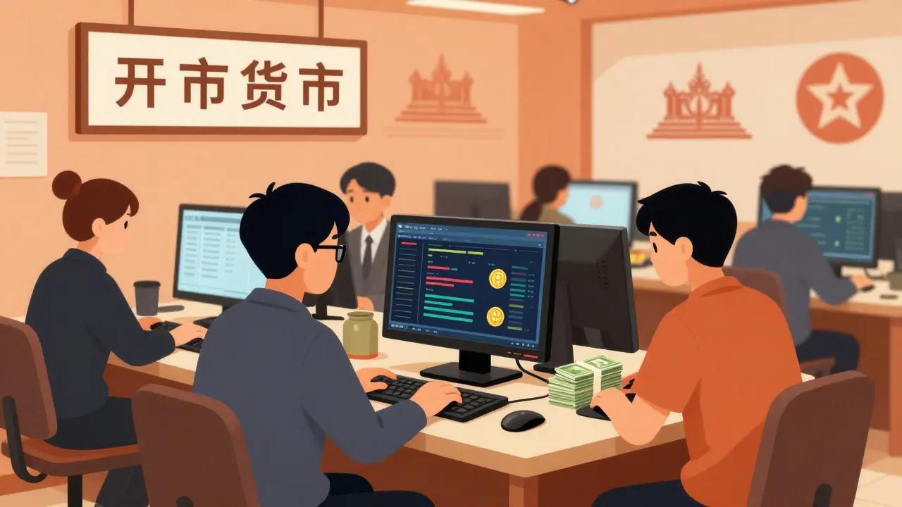 Workers exchanging cryptocurrency for cash in Cambodia crypto cafe