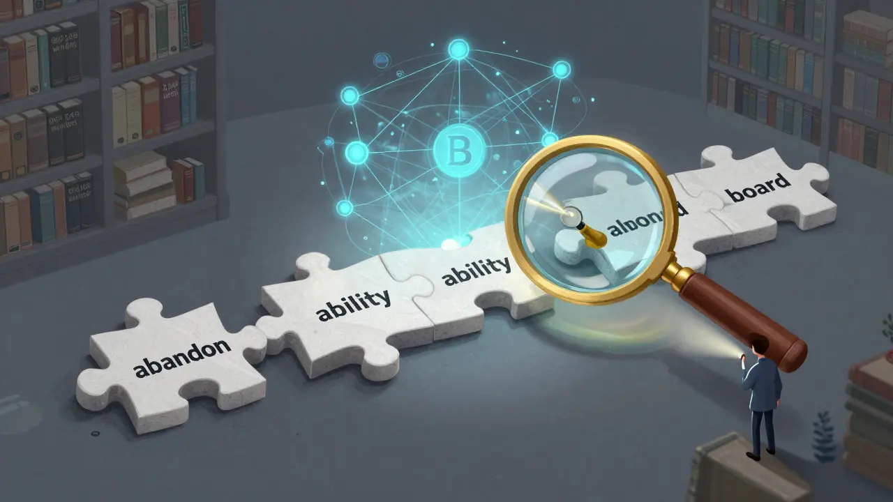 A 12-word seed phrase forms a chain of puzzle pieces, one missing, as a magnifying glass searches for the correct word.