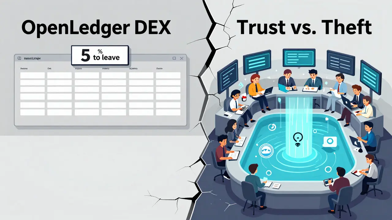 A barren crypto exchange contrasts with a vibrant one, showing the difference between exploitative fees and healthy liquidity.