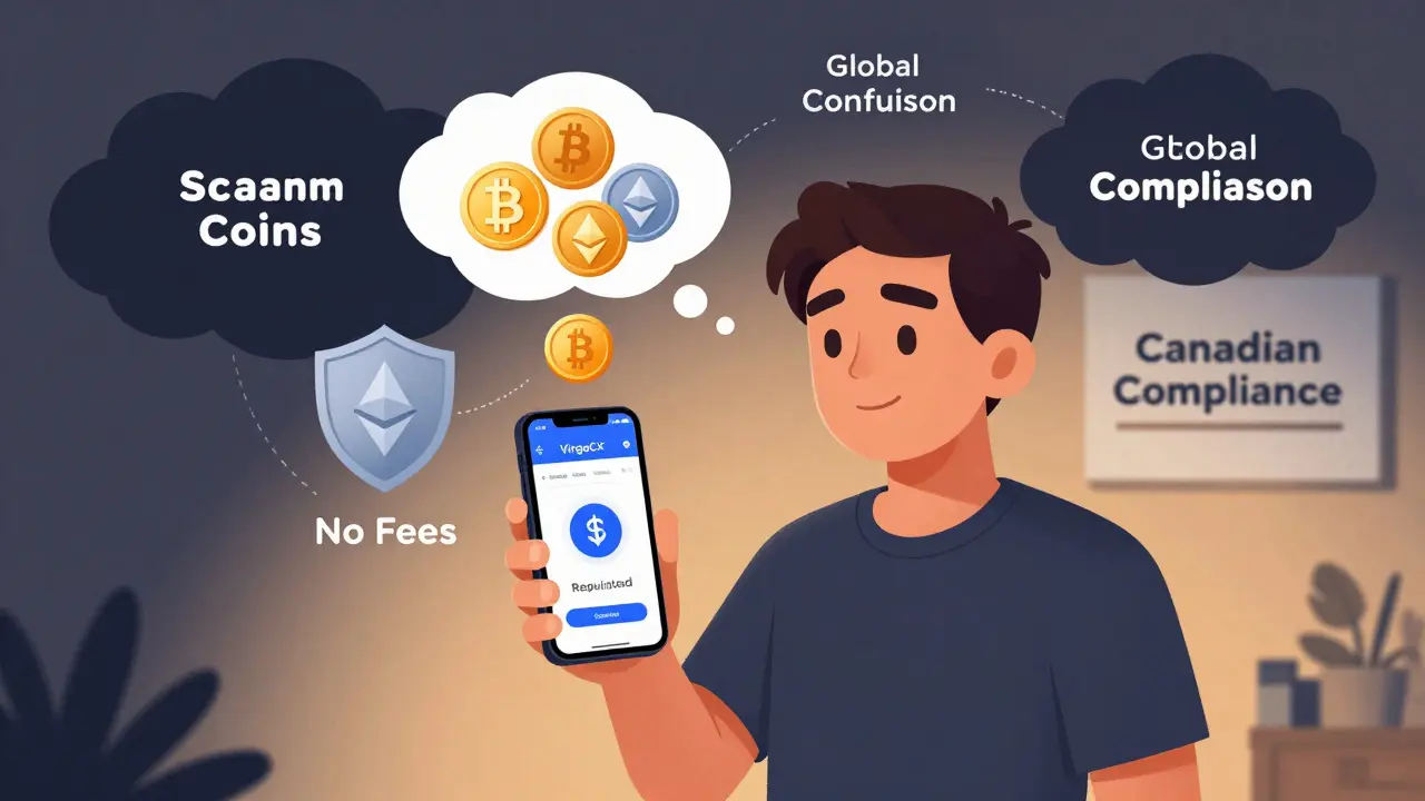 A beginner using VirgoCX app with protected crypto assets and shields labeled 'Regulated' and 'No Fees'.