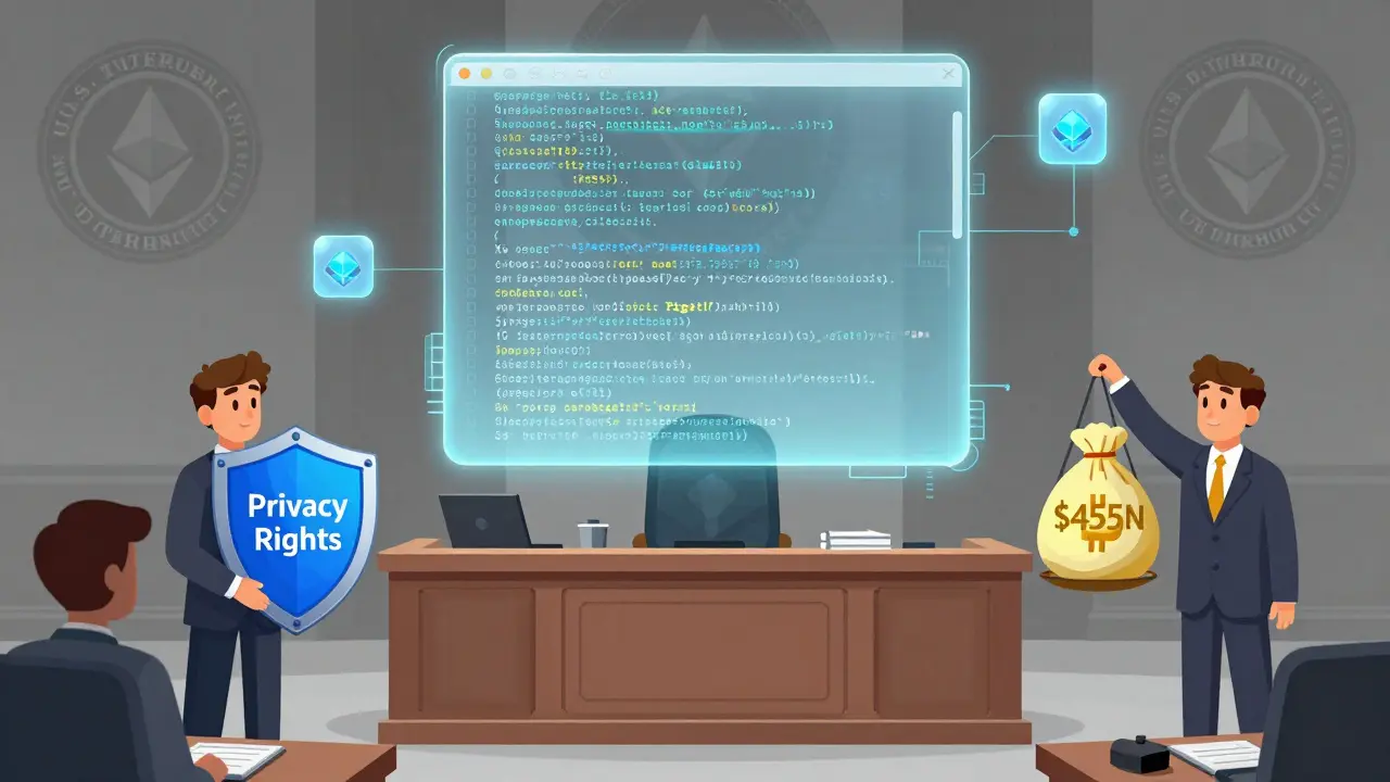 A courtroom with a floating smart contract as the central figure, flanked by legal arguments for privacy and enforcement.