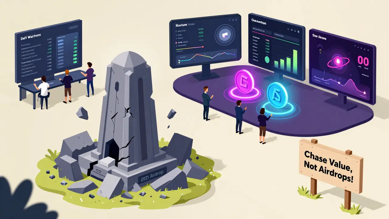 A crumbling DeFi Warrior monument in foreground, with thriving blockchain games like Illuvium and Star Atlas in background.