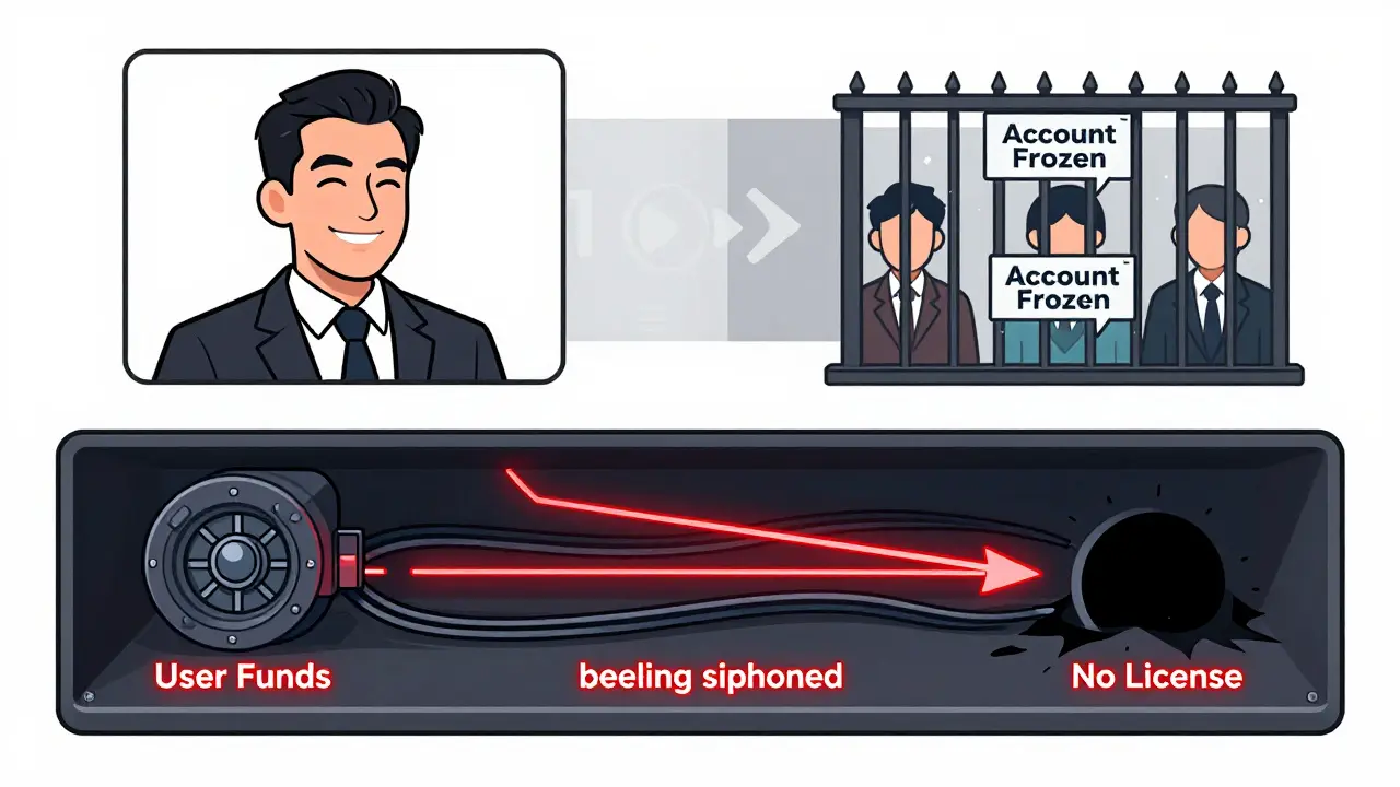 A deceptive Tidex interface hiding a dark vault siphoning user funds, with a fake CEO using a stock photo.
