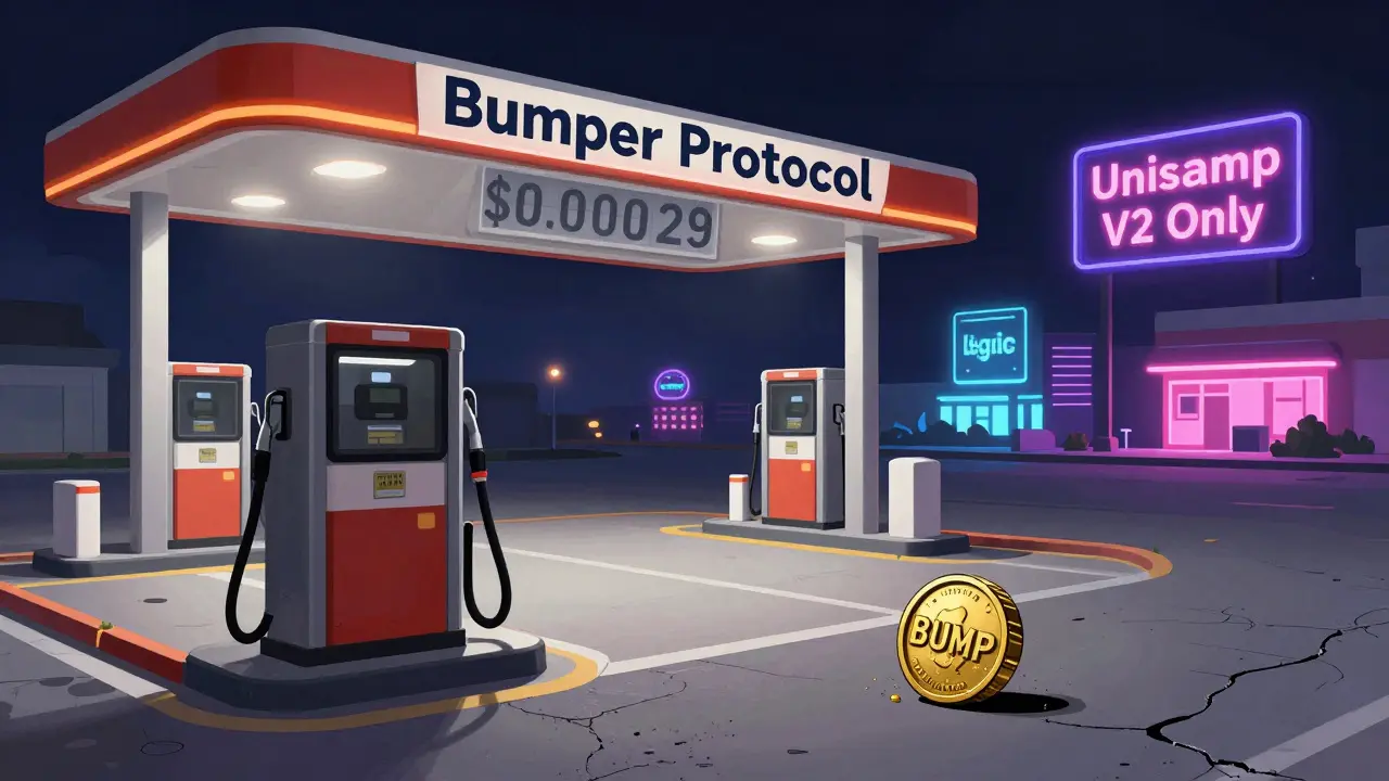A deserted Bumper Protocol gas station with a tiny price tag, while other DeFi services shine brightly in the distance.