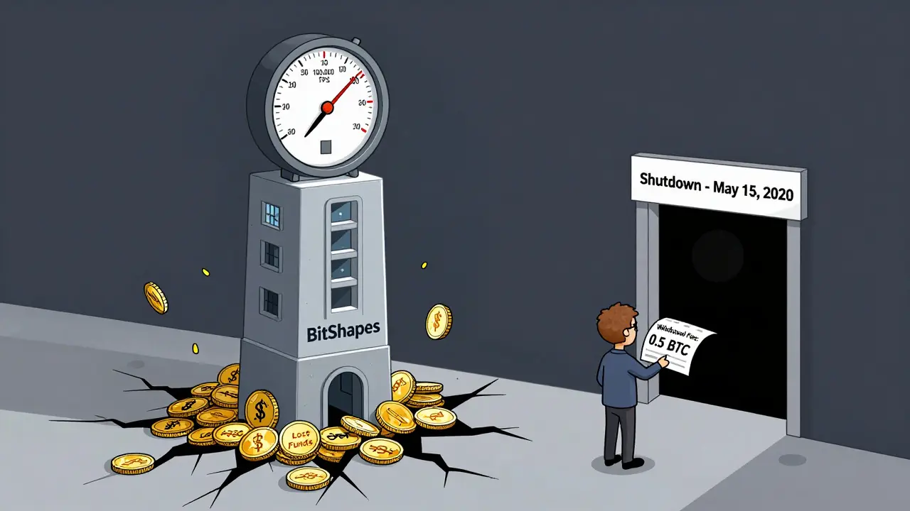 A fast-spinning blockchain tower crumbles as coins fall into a void, with a user holding a receipt for a massive withdrawal fee.