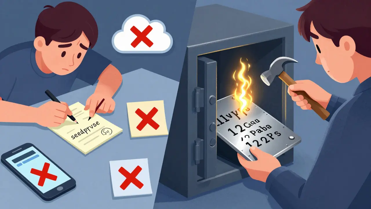 A person safely stores a seed phrase on metal in a safe, while digital backups are marked with red Xs.