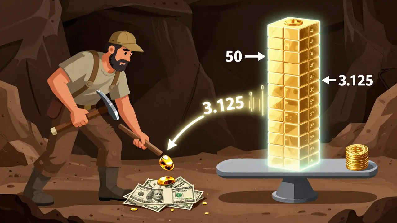 A side-by-side comparison of gold mining and Bitcoin halving, showing natural scarcity versus mathematically predictable supply reduction.