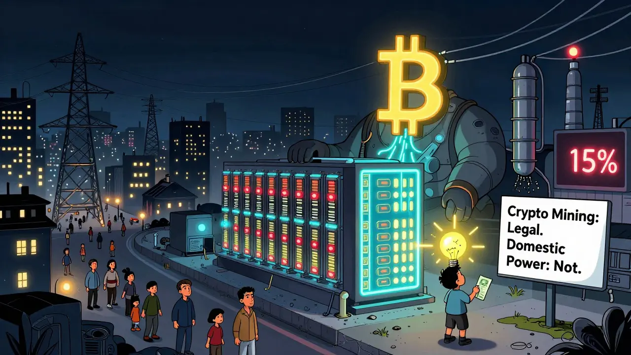 A split scene of Iranian city blackouts versus a glowing crypto mining facility consuming national electricity.