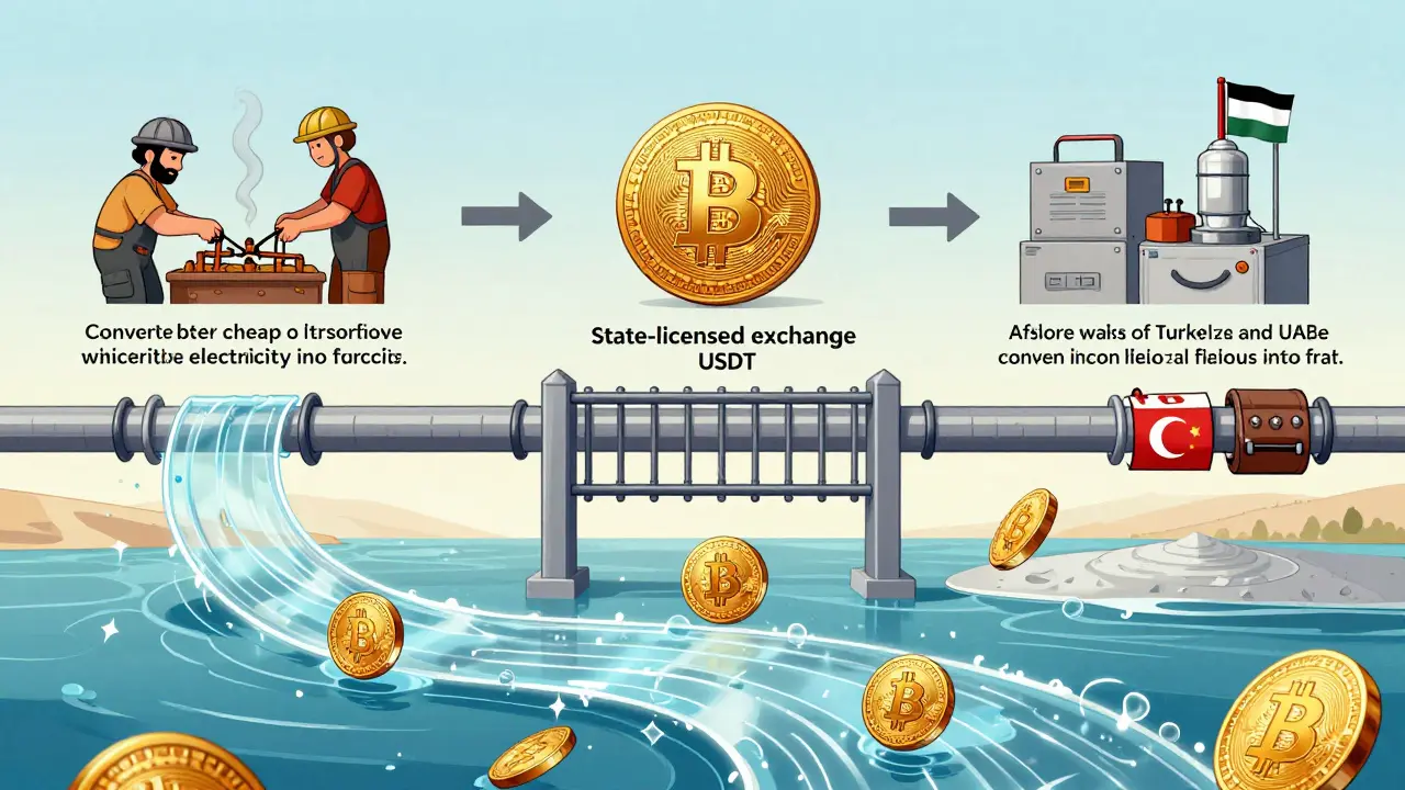 A technical pipeline showing Bitcoin conversion to stablecoins and offshore payments bypassing U.S. sanctions and SWIFT.