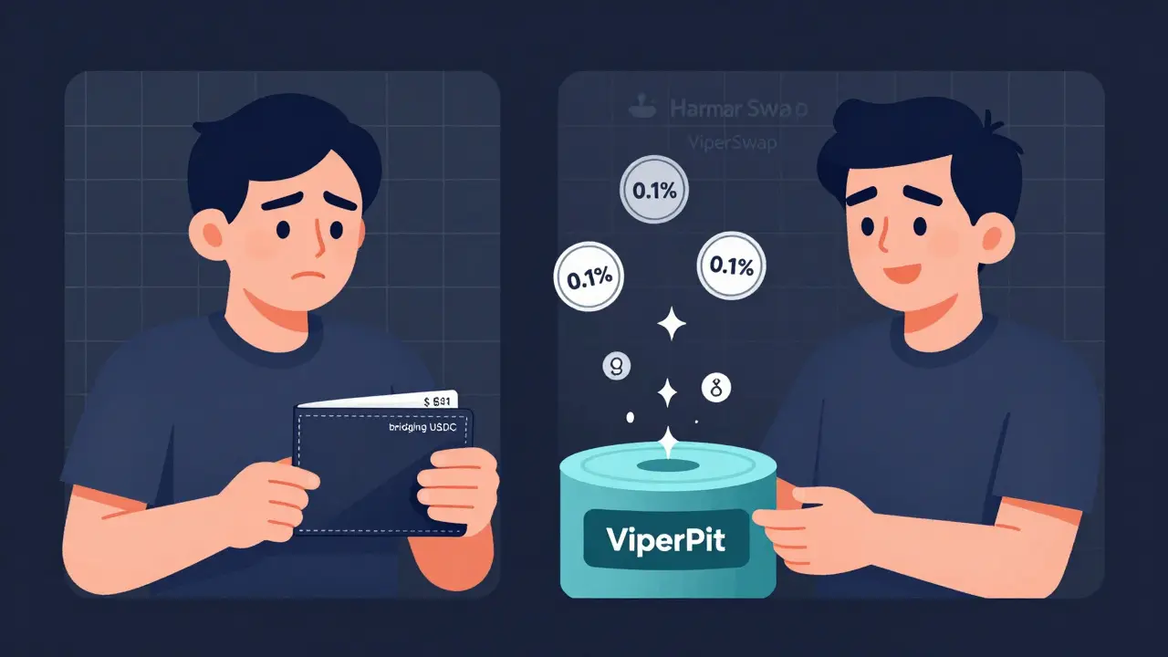 A user contrasts high bridging costs on one side with near-zero swap fees on ViperSwap's clean interface, with VIPER rewards raining down.