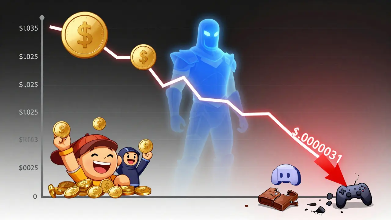 A vertical timeline showing FIWA token price rising then crashing to near zero with abandoned digital wallets.