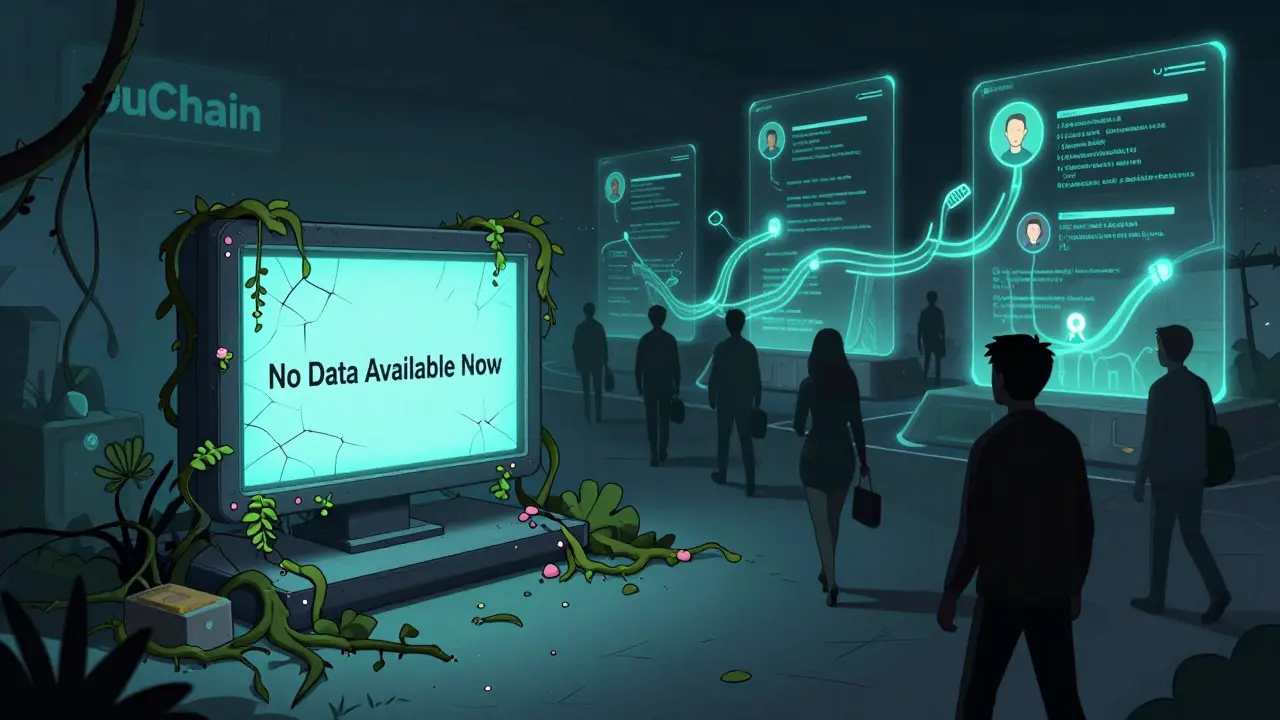 Abandoned JuChain node with no data, while active DEXs glow in the distance.