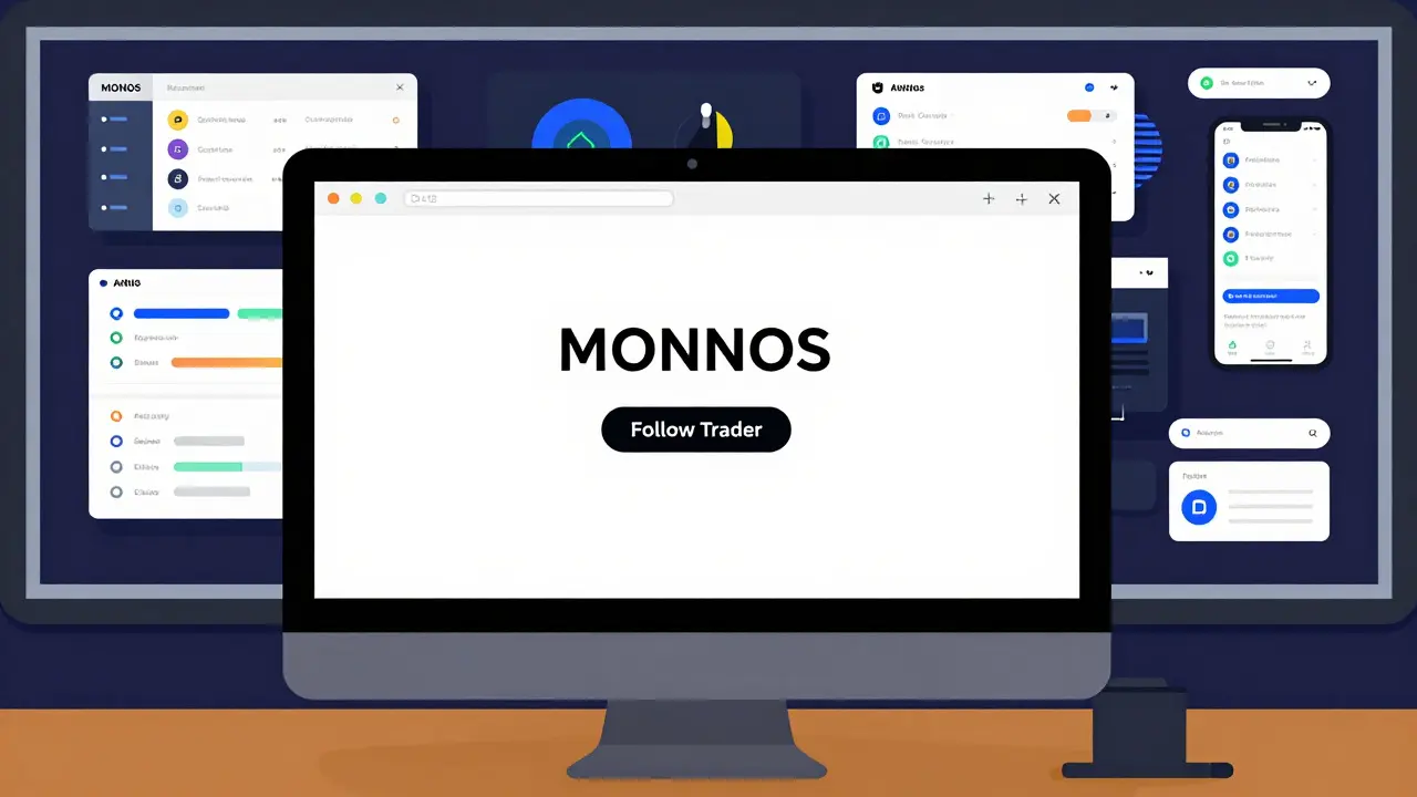 An outdated MONNOS interface contrasts with modern crypto apps on a desktop screen.