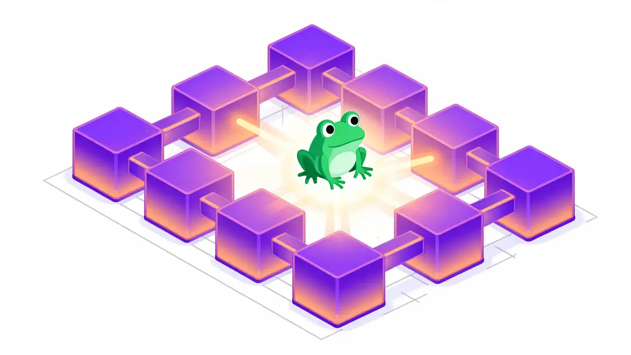 Blockchain nodes and digital structure in purple tones.