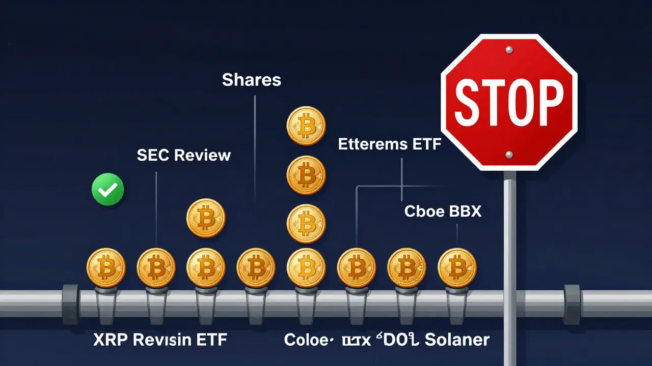 Crypto tokens flowing into a SEC review pipeline, emerging as approved ETF shares on a stock ticker with blockers for altcoins.