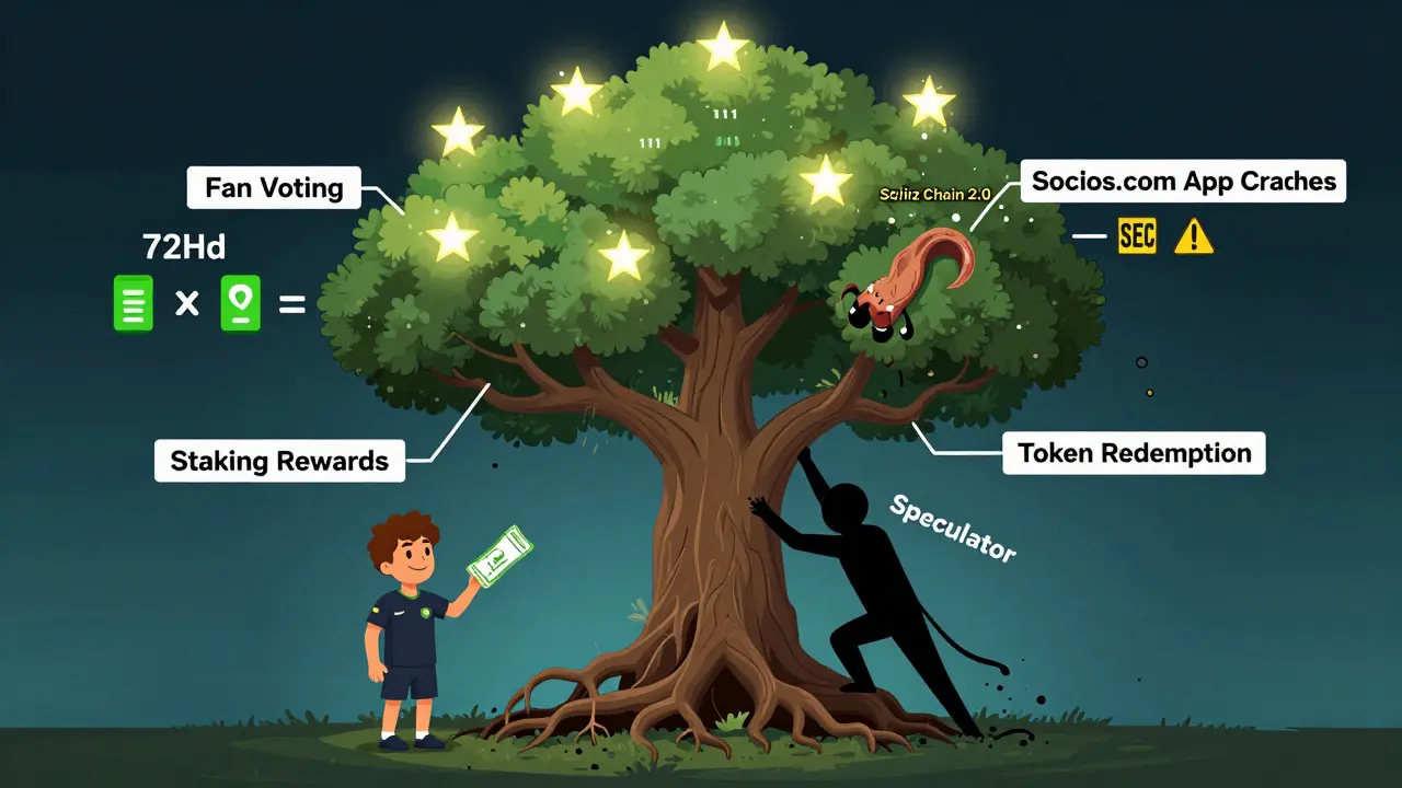 Ecosystem tree with fan rewards thriving while app crashes and regulatory warnings weaken one branch.