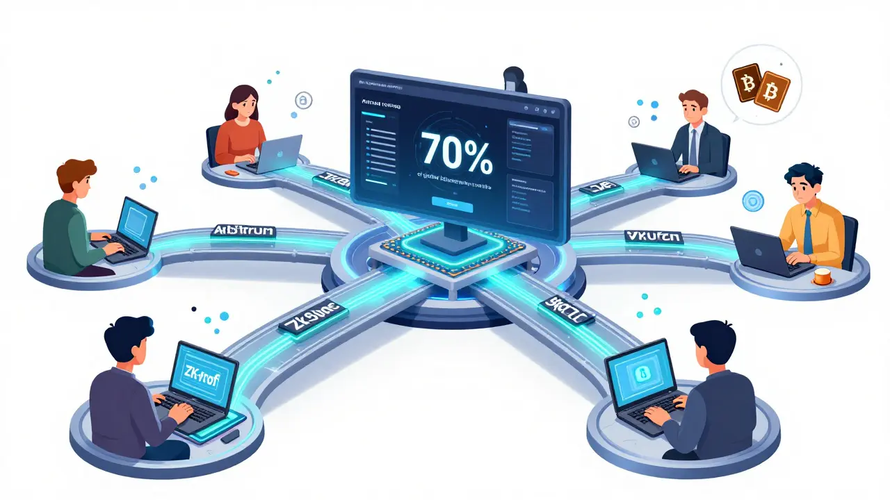 Everyday users generate ZK-proofs on laptops while rollups interconnect, with 70% of blockchain traffic routed through them.