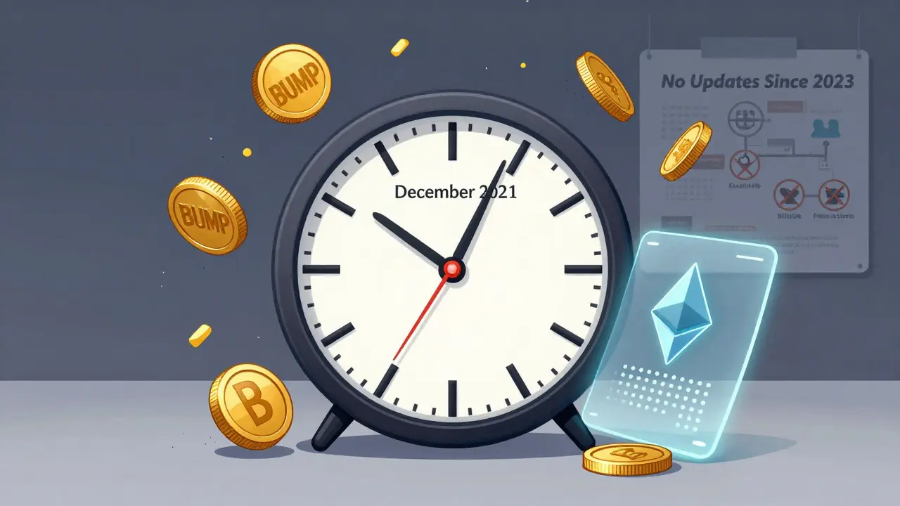 Faded BUMP tokens disintegrating beside a frozen timeline and a silent blockchain contract with no recent activity.