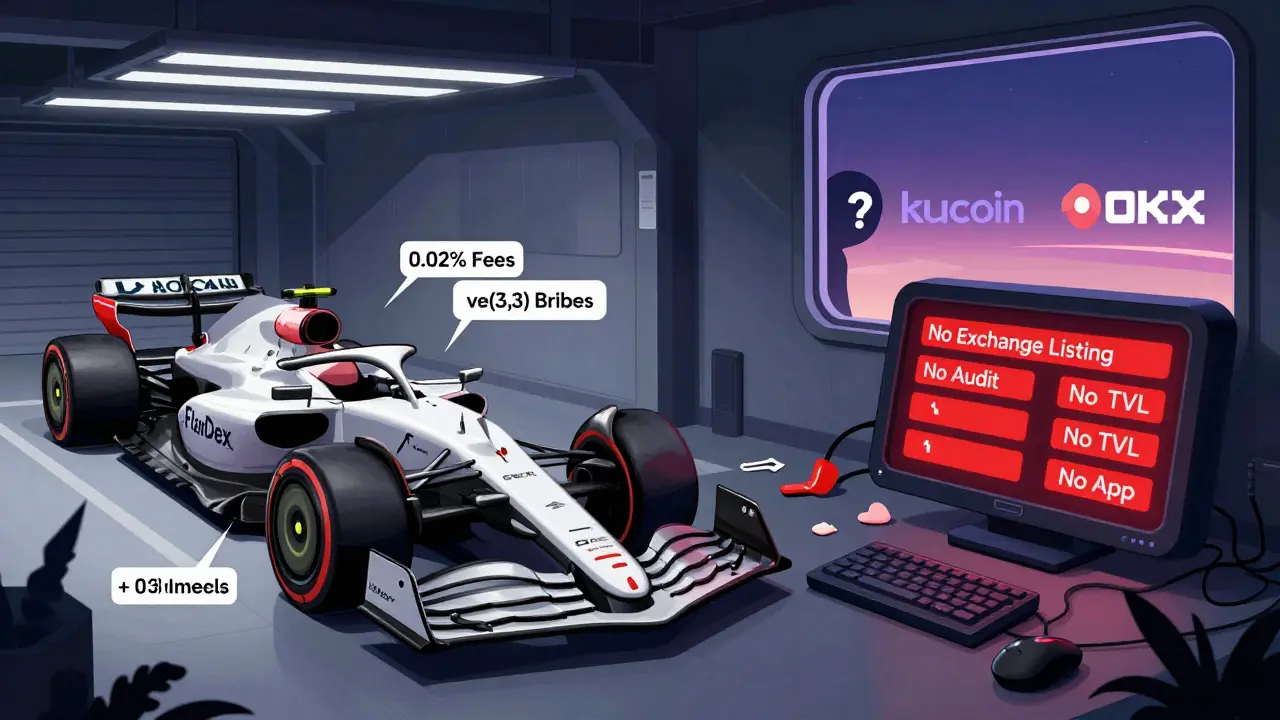 FlairDex as a Formula 1 car in a garage with missing keys, surrounded by warning labels for missing exchange listings and audits.