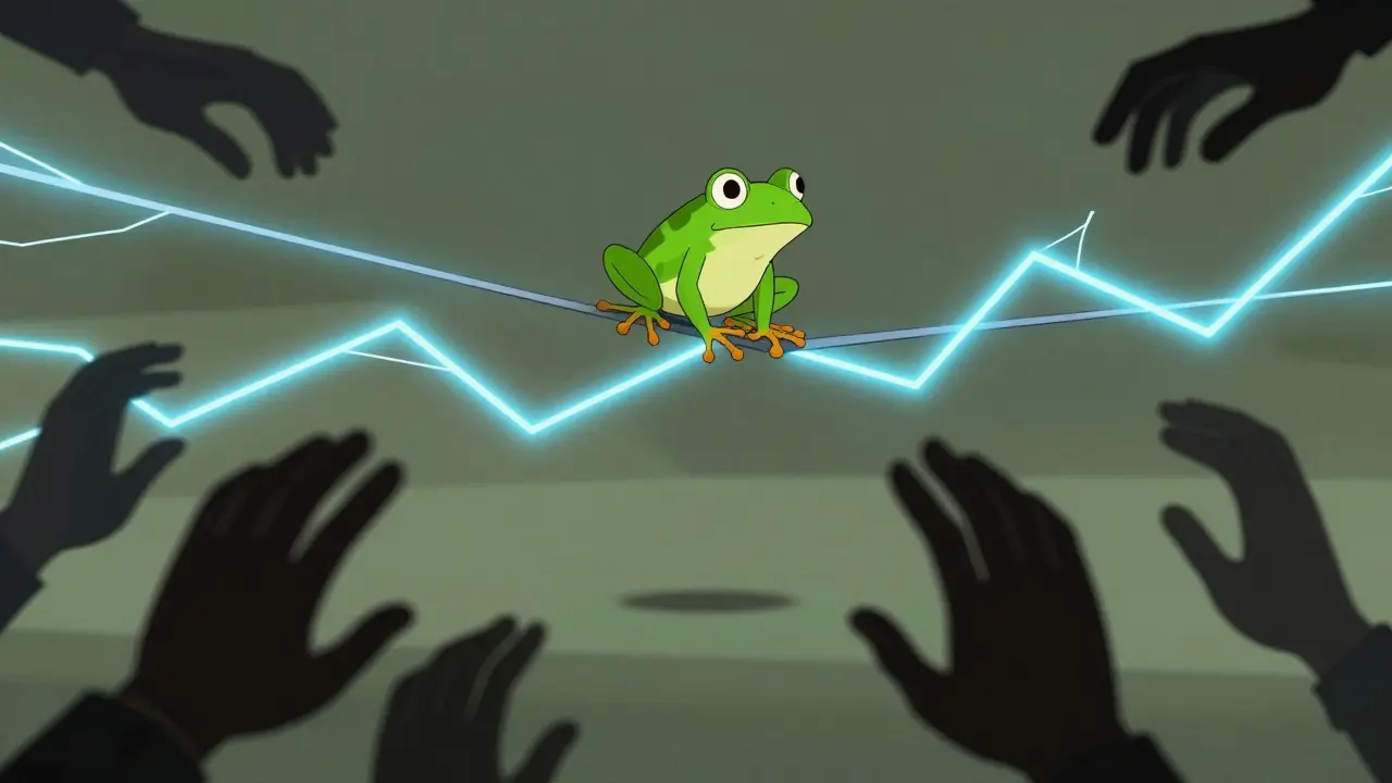 Frog balancing on electrical beam with supportive hands below.