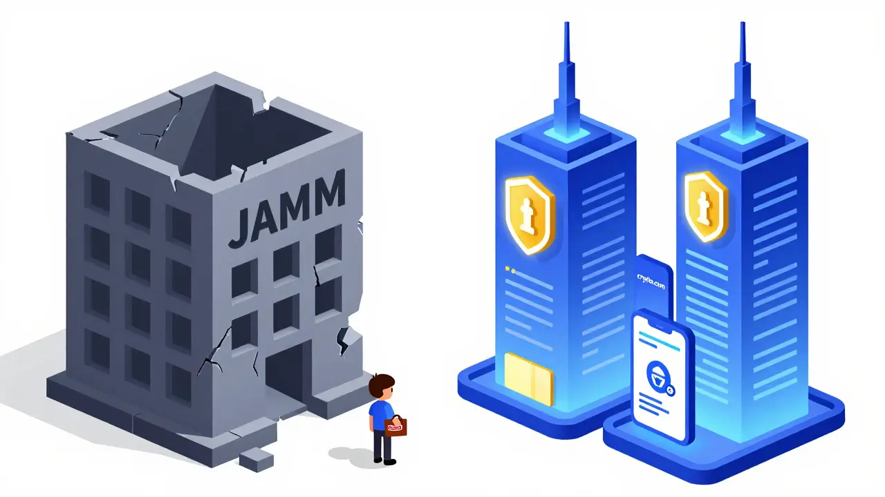 Ghostly abandoned exchange building compared to vibrant, secure crypto platforms.