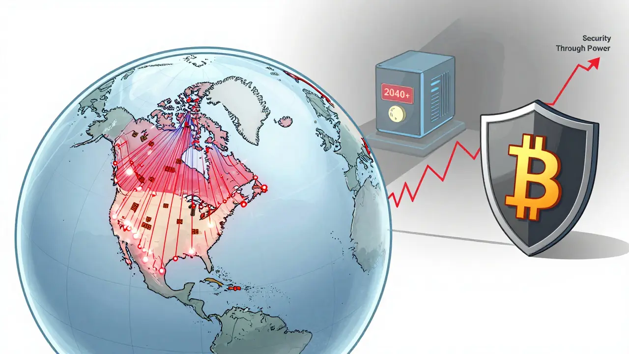 Global map showing Bitcoin mining hotspots and quantum computing threat, with security and price symbolism.