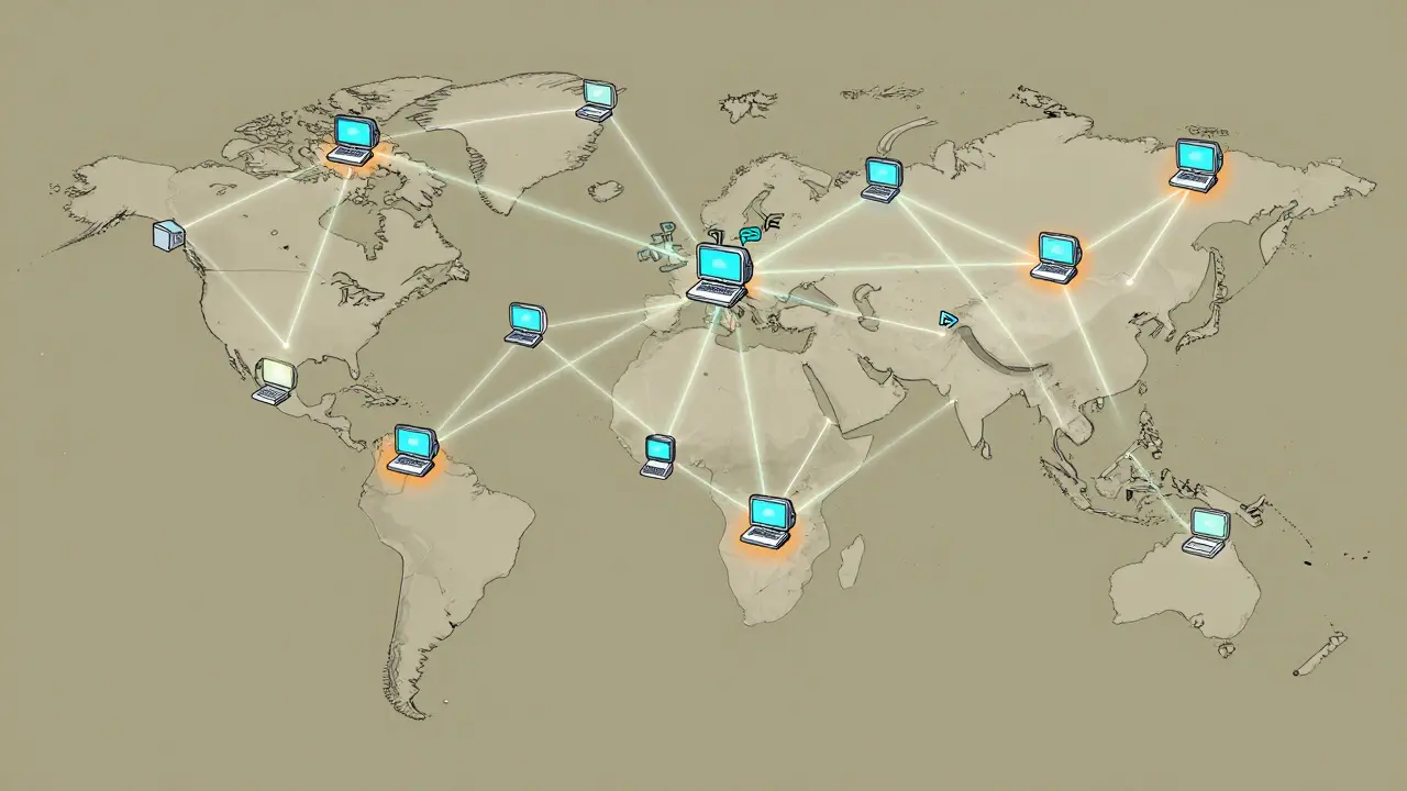 Global network map showing PKT blockchain nodes connected