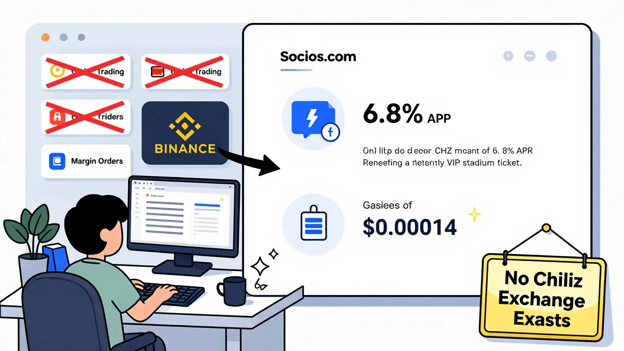 Left: Crossed-out exchange features; Right: Clean Socios.com interface showing CHZ staking and VIP ticket redemption.