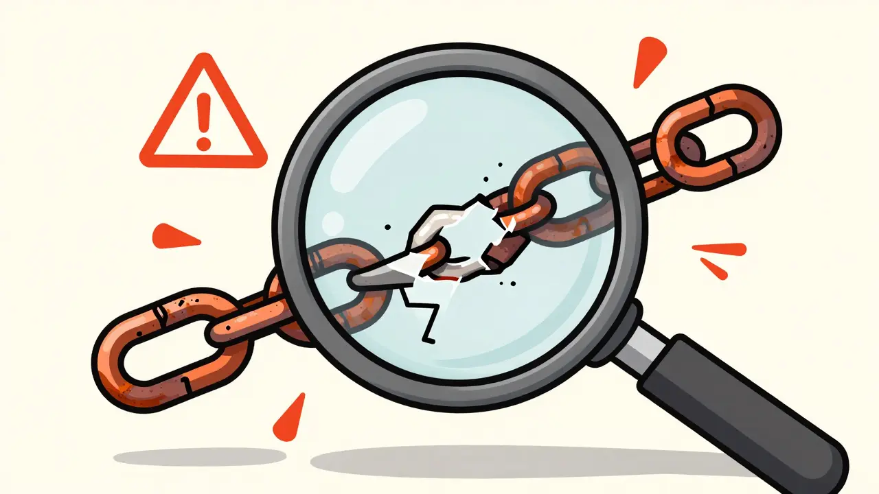 Magnifying glass inspecting broken blockchain links with warning signs