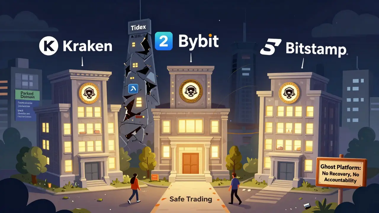 Regulated exchanges like Kraken and Bybit stand safely beside the abandoned, ad-filled ruin of Tidex.