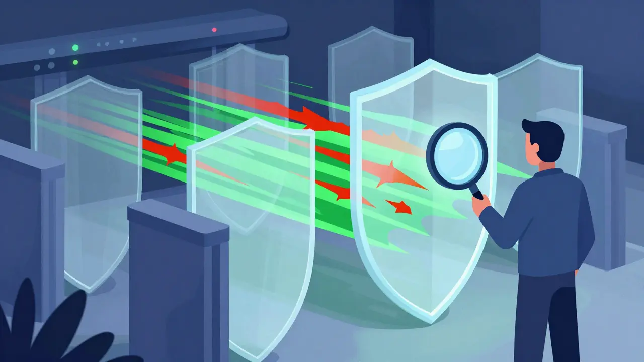Security shield filtering bad code with an auditor inspecting.