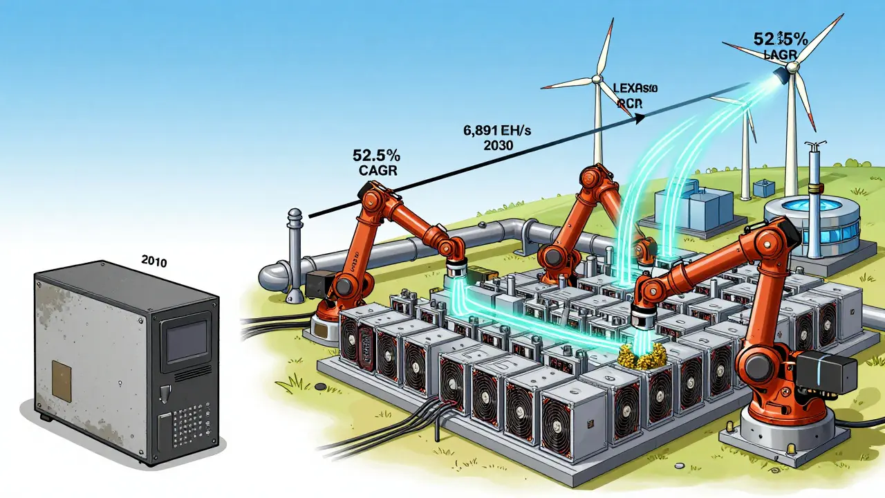 Side-by-side comparison of early Bitcoin mining versus modern industrial operations with energy sources and growth trajectory.
