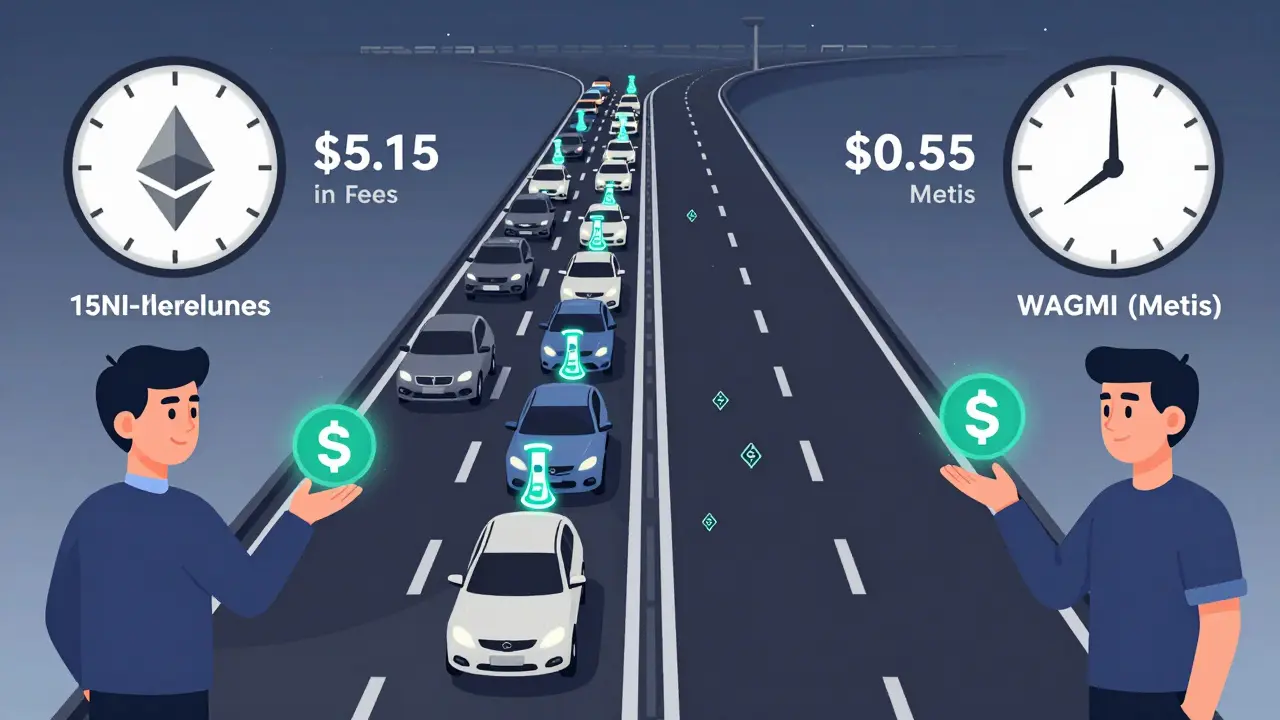Side-by-side comparison of high-fee Ethereum trading vs. low-cost Metis trading on a highway analogy.