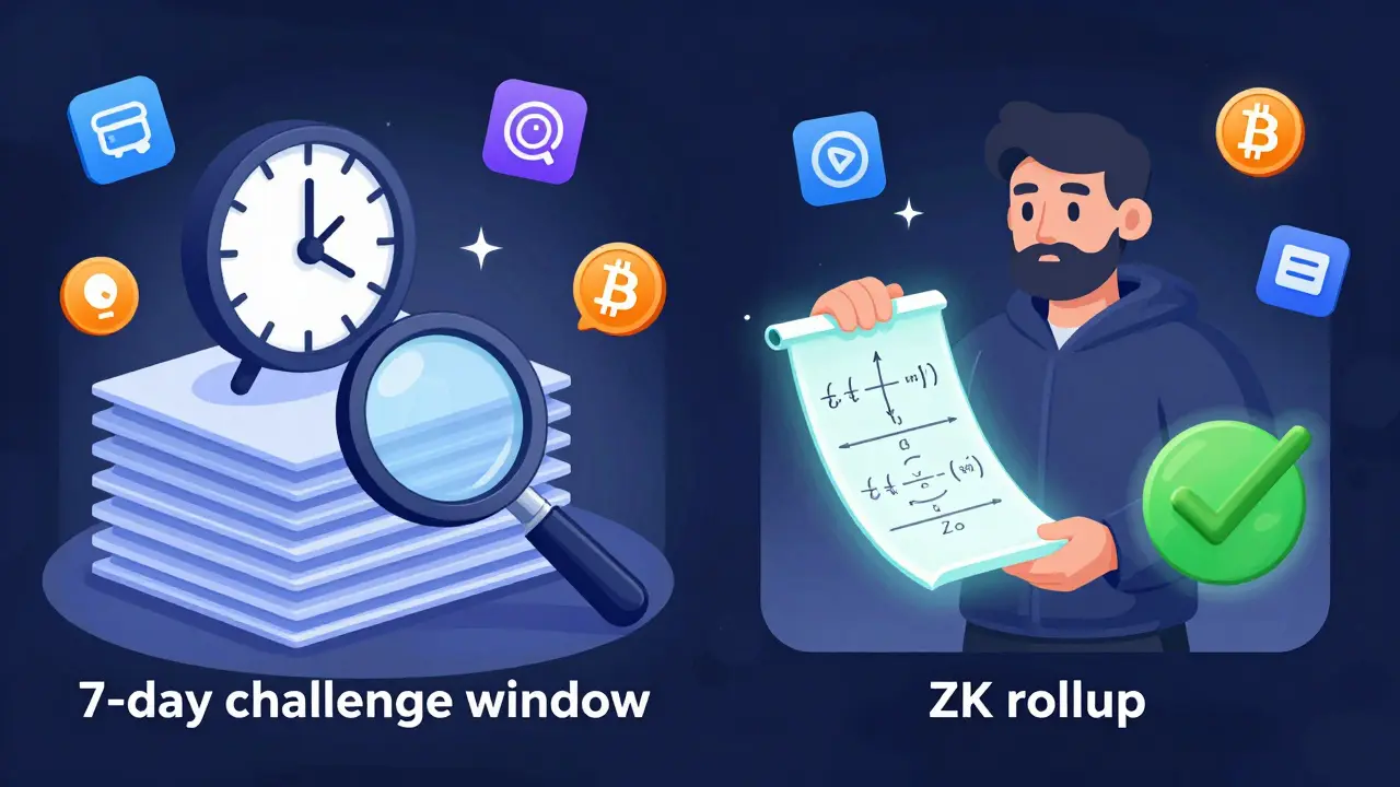 Side-by-side comparison: one transaction waits 7 days for challenge, another instantly verifies with a hidden mathematical proof.