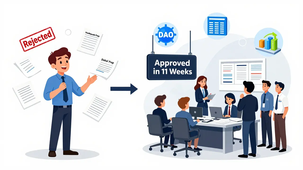 Split scene: rejected startup vs. approved team with Dubai office, auditors, and VARA inspectors.