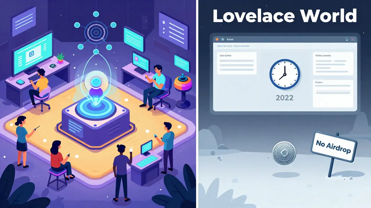 Split view of a thriving metaverse versus the frozen, empty remains of Lovelace World.