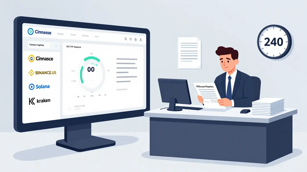 Split view of real crypto exchanges on one side and Canary Capital filing ETF paperwork on the other.
