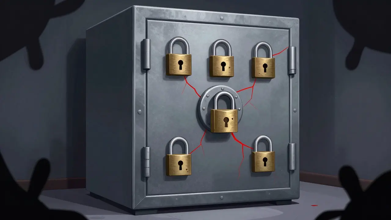 Steel safe with locks and cracks showing custody security risks.