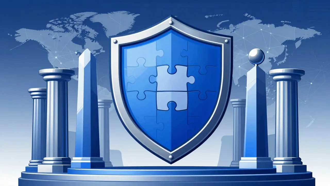 Technical illustration of security shield supported by investor pillars.