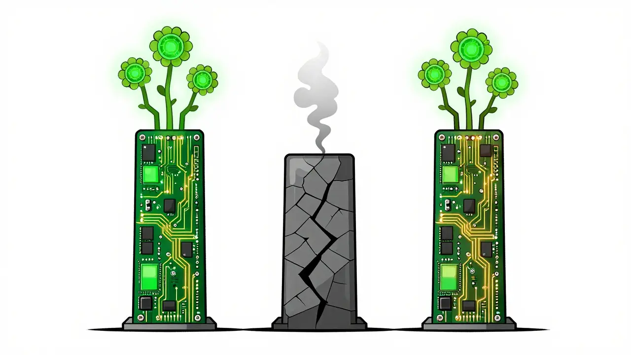 Three digital towers showing growth versus decay in technical art