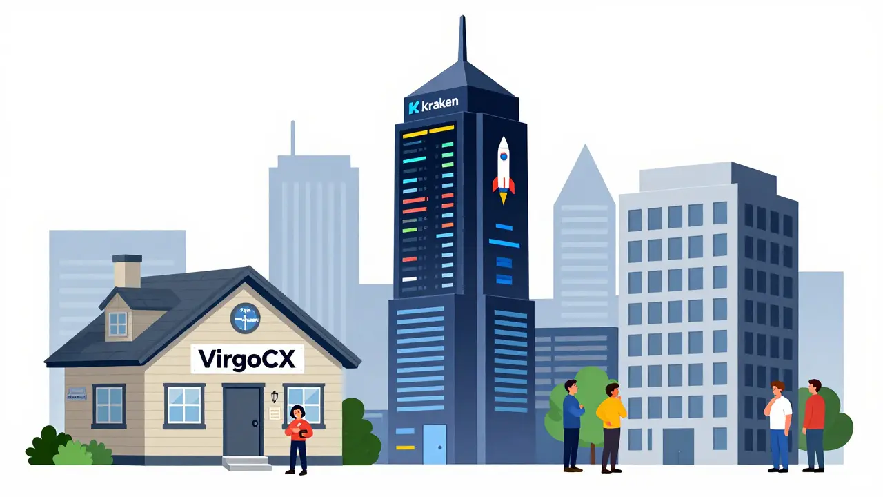 Three exchange buildings compared: VirgoCX as a simple safe cottage, Kraken as a high-tech tower, Coinsquare as a mid-sized building.