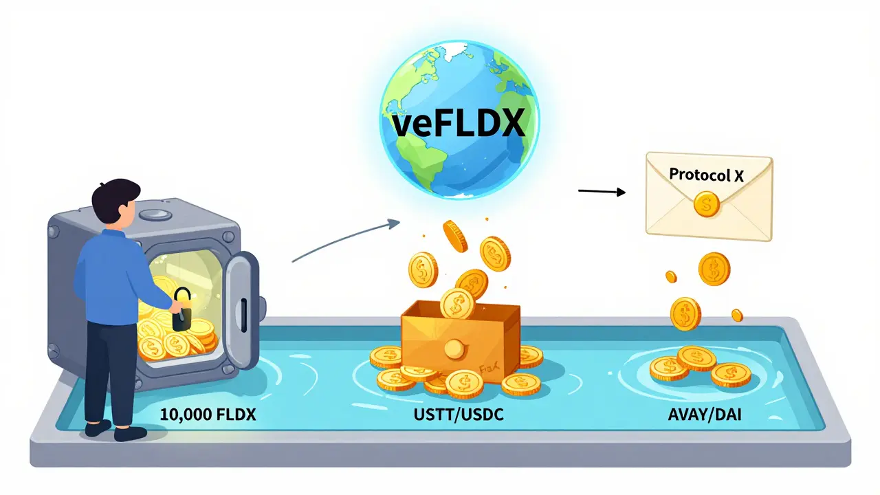 User locking FLDX tokens to earn veFLDX voting power and receive trade fee rewards and protocol bribes.