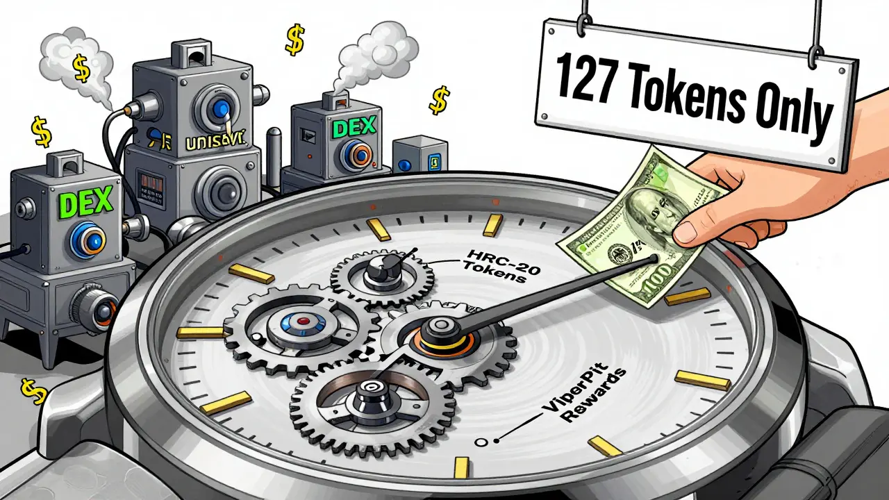 ViperSwap is depicted as a precise watch mechanism with fee rewards and HRC-20 tokens, while larger DEXs are shown as clunky and inefficient.