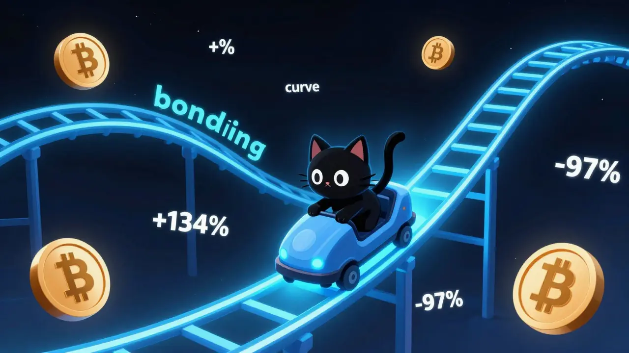 A black cat riding a neon blue rollercoaster representing cryptocurrency price volatility.